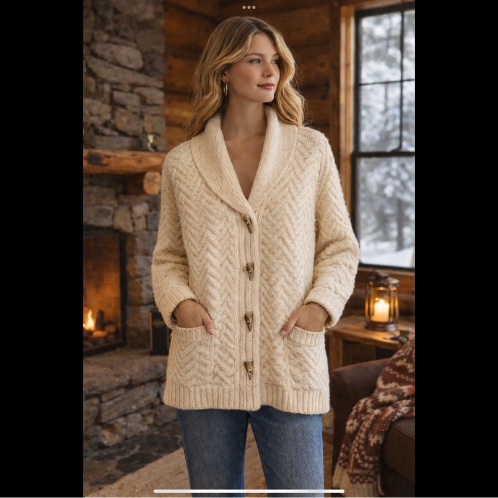 Nordic Design 100% Wool Shawl Collar Cardigan Cream Chunky Knit L